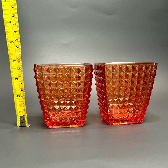Orange Red  Glass Candle Holder Diamond Cut Iridescent - Picture 8 of 9